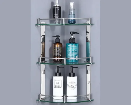3-Tier Wall Mounted Corner Tempered Glass Shower Shelf Caddy with Rail Bathroom