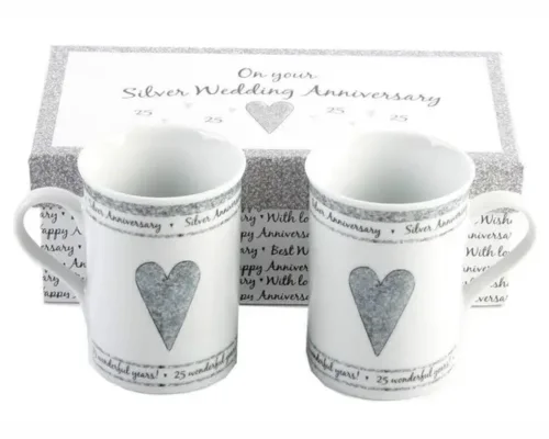Beautifully Designed 25th Silver Anniversary Mug Set with Matching Gift Box