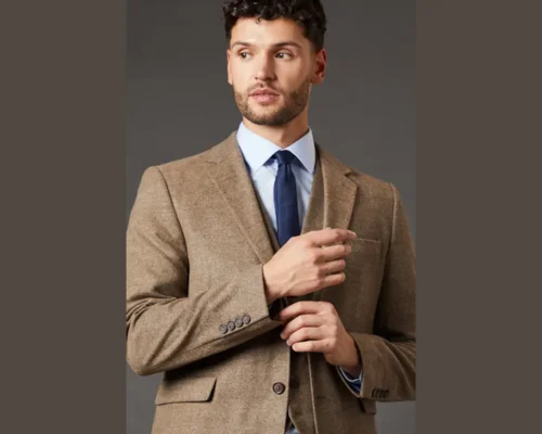Light Brown Tweed Look Tailored Fit Suit Jacket