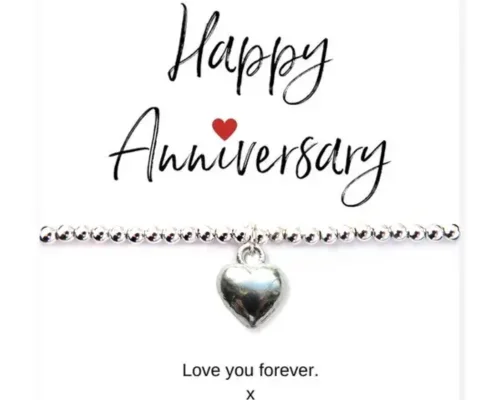 Silver Heart Beaded Bracelet & Anniversary Message Gift Gift Card