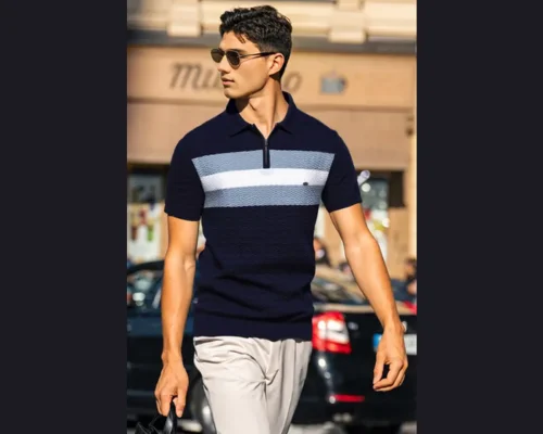 Textured Stripe Zip Polo Shirt
